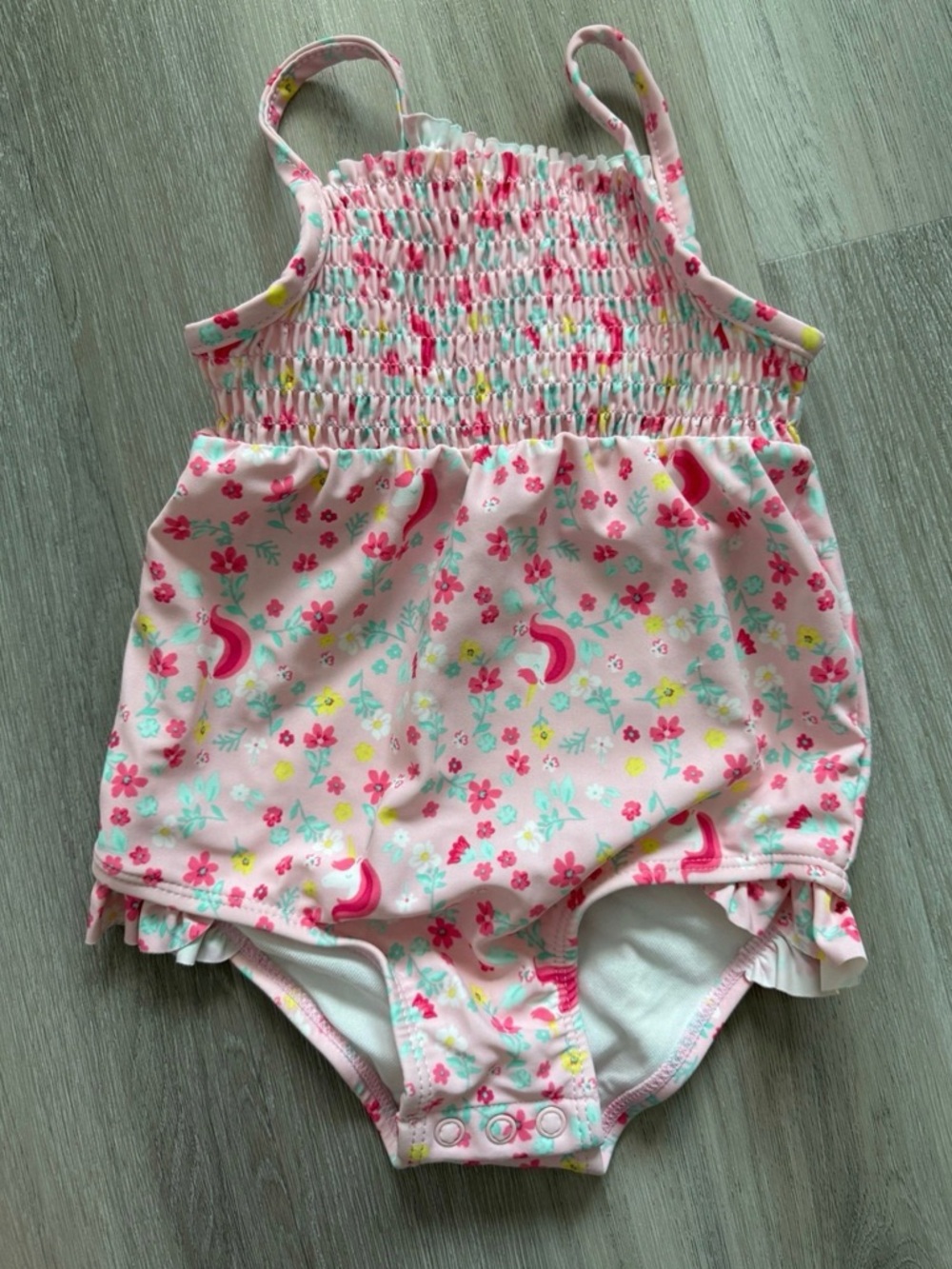 Carter’s Baby Girl 12M Pink Floral Unicorn Smocked One Piece Summer Swimsuit